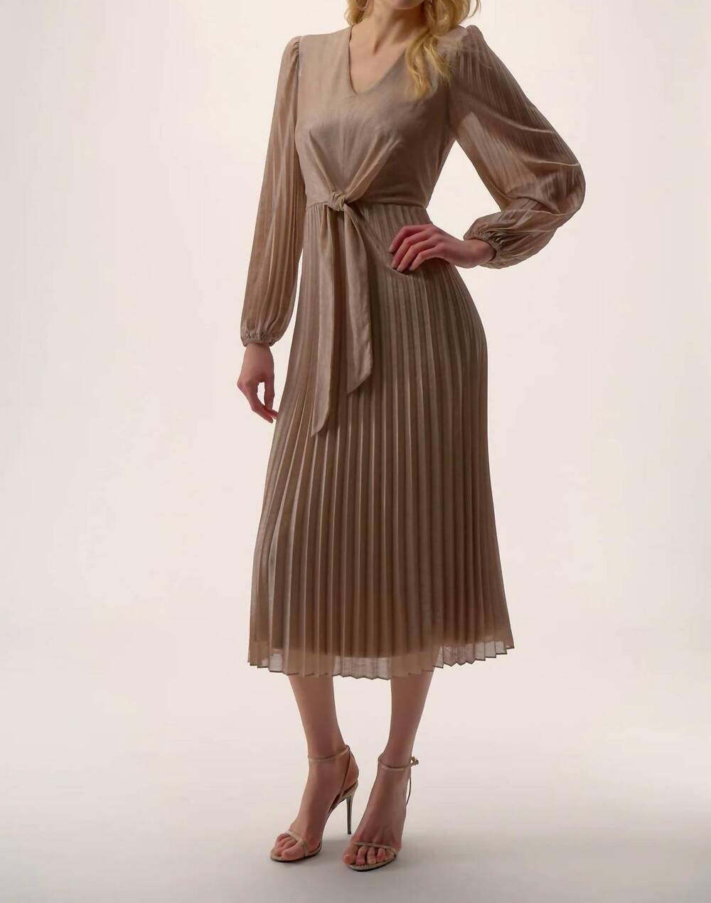 NEW JOSEPH RIBKOFF waist tie puff sleeve pleated fit and flare dress in taupe /